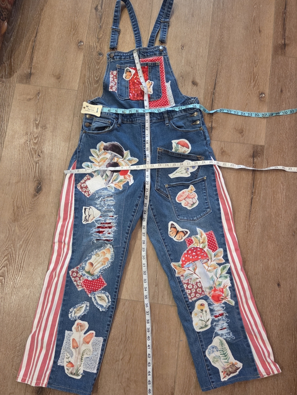 Patchwork Blue Denim Overalls Mushroom Motif Patchwork & A Bit Of Sequin 8/29 - Picture 5 of 14